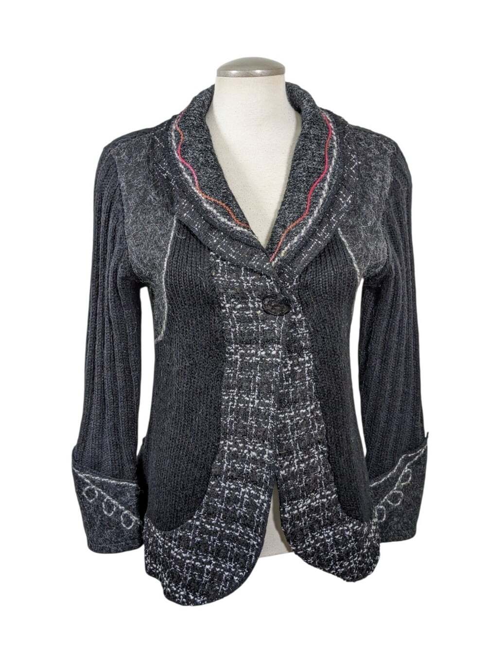 Feelings Women L Vintage Y2K Knit Cardigan Sweater Black Tweed Mohair Wool Blend